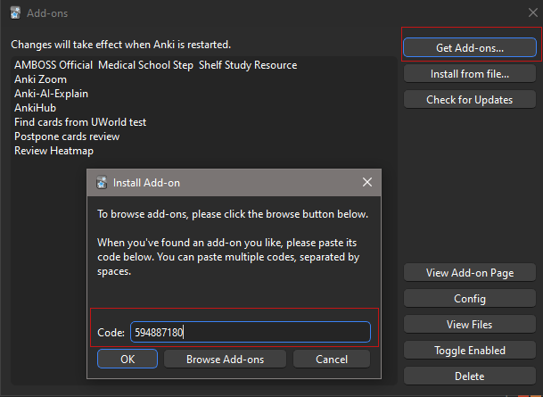 Anki Add-on installation dialog showing code entry field