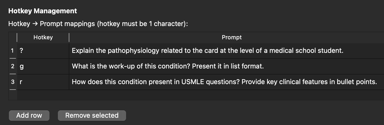 AI Explain hotkey customization settings showing multiple custom prompts and keyboard shortcuts