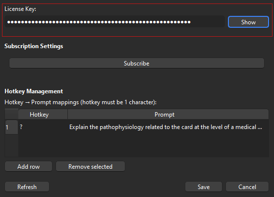 AI Explain Settings window with License Key field and Hotkey Management