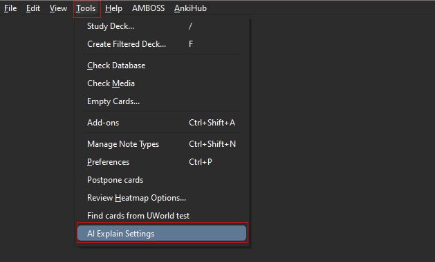 Anki Tools menu showing AI Explain Settings option